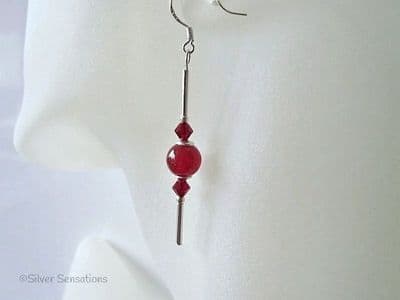 Dark Red Jade & Austrian Made Crystals Sterling Silver Earrings