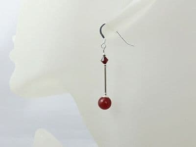 Dark Red Jade Earrings With Swarovski Crystals & Sterling Silver