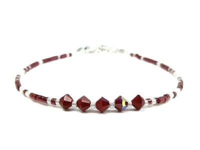 Dark Red & White Seed Bead Stacker Bracelet With Crystals