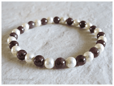Deep Burgundy Maroon Red Garnet & Cream Austrian Pearls Bead Bracelet