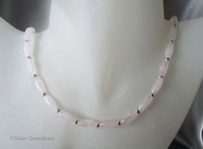 Elegant Baby Pink Rose Quartz Rice Beads & Sterling Silver Slim Necklace