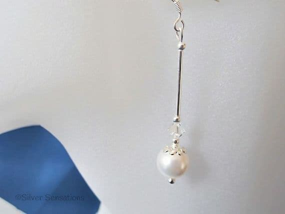 White Austrian Pearls, Austrian Crystals & Sterling Silver Handmade Wedding Earrings | Silver Sensations