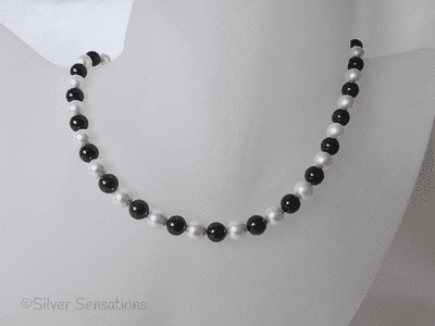 Elegant Jet Black & White Pearls Necklace