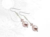 Elegant Pastel Pink Pearl & Crystal Sterling Silver Wedding Earrings | Silver Sensations