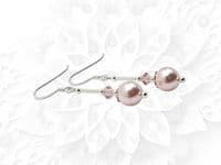 Elegant Pastel Pink Pearl & Crystal Sterling Silver Wedding Earrings | Silver Sensations