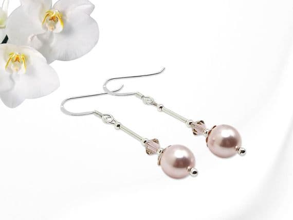 Elegant Pastel Pink Pearl & Crystal Sterling Silver Wedding Earrings | Silver Sensations