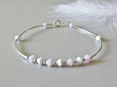 Elegant  Sterling Silver Bangle Bracelet With Pink & White Crystals