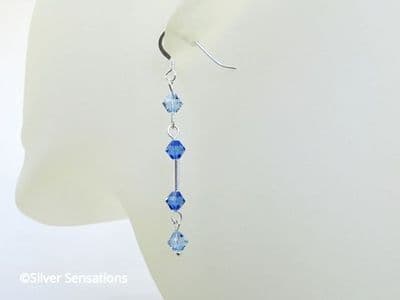 Elegant Sterling Silver Tube Earrings With Sapphire Blue Swarovski Crystals