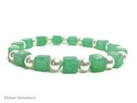 Emerald Green Aventurine Square Cube Beads & White Swarovski Pearls Bracelet | Silver Sensations