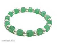 Emerald Green Aventurine Square Cube Beads & White Swarovski Pearls Bracelet | Silver Sensations