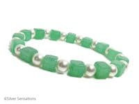 Emerald Green Aventurine Square Cube Beads & White Swarovski Pearls Bracelet | Silver Sensations