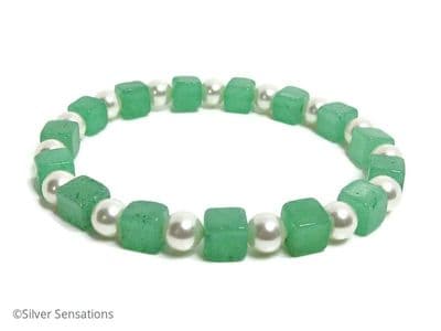 Emerald Green Aventurine Square Cube Beads & White Austrian Made Pearls Bracelet