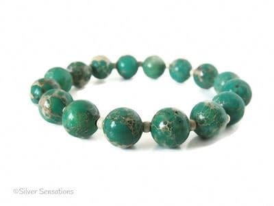 Emerald Green & Creamy Beige Sea Sediment Impression Jasper Stretch Bracelet