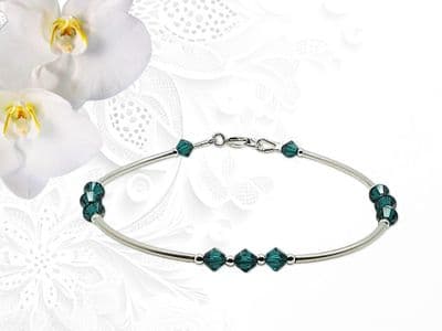 Emerald Green Crystals & Sterling Silver Curve Tubes Designer Bracelet