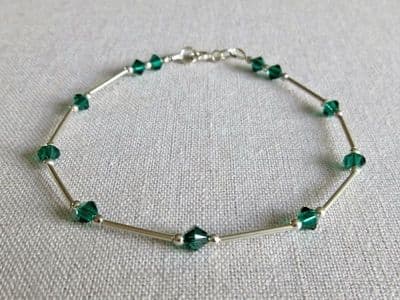 Emerald Green Crystals & Sterling Silver Tubes Bracelet