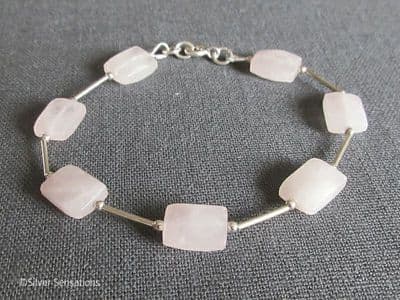 Faceted Baby Pink Rose Quartz Oblong Beads & Sterling Silver Tubes Bracelet