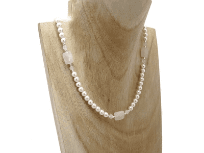 Faceted Baby Pink Rose Quartz, White Pearls & Sterling Silver Wedding Necklace