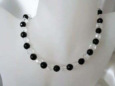 Faceted Black Onyx & Crystals Sterling Silver Necklace