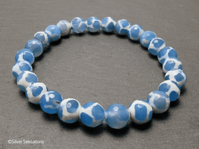 Faceted Blue & White Spotted Agate Beaded Stretch Fashion Bracelet