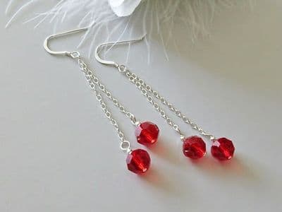 Faceted Cherry Red Crystals & Sterling Silver Double Chain Long Earrings