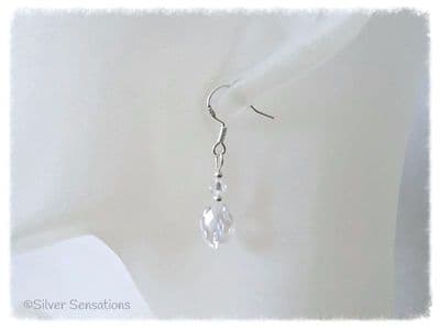 Faceted Clear Rock Crystal Oval Beads, Austrian Made Crystal & Sterling Silver Earrings