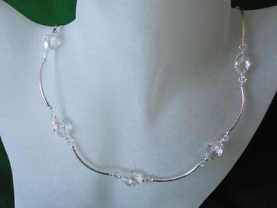 Faceted Clear Rock Crystal Oval Beads, Swarovski Crystals & Sterling Silver Necklace
