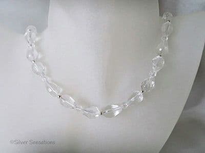 Faceted Clear Rock Crystal Quartz 'Bow' Sterling Silver Necklace