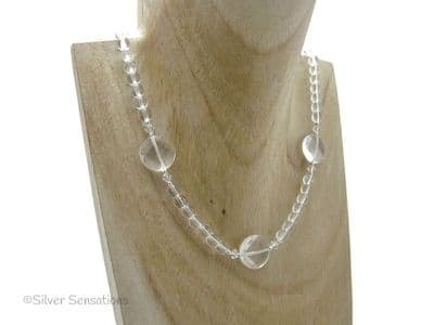 Faceted Clear Rock Crystal Quartz Coins Sterling Silver Necklace