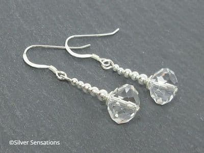 Faceted Clear Rock Crystal Rondelle Beaded Earrings With Sterling Silver