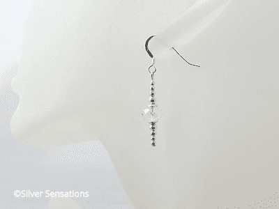 Faceted Clear Rock Crystal Rondelle & Sterling Silver Drop Earrings