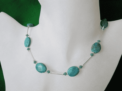 Faceted Flat Oval Green Chrysocolla Jasper, Swarovski Crystals & Sterling Silver Necklace
