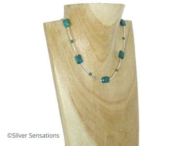 Faceted Green Chrysocolla Jasper, Austrian Made Crystals & Sterling Silver Necklace