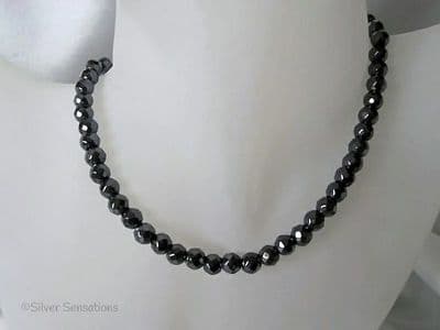 Faceted Hematite Bead Sterling Silver Slim Necklace