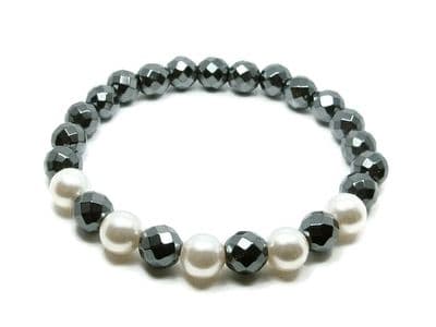 Faceted Hematite Beads Bracelet With White Pearls