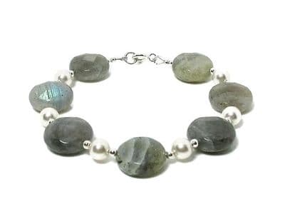Faceted Labradorite Coins Bracelet With White Austrian Pearls & Sterling Silver