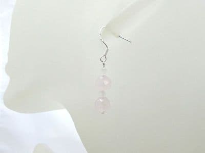 Faceted Pink Rose Quartz Round Sterling Silver Short Drop Earrings