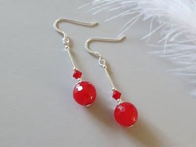 Faceted Red Jade Earrings With Austrian Made Crystals & Sterling Silver Tubes