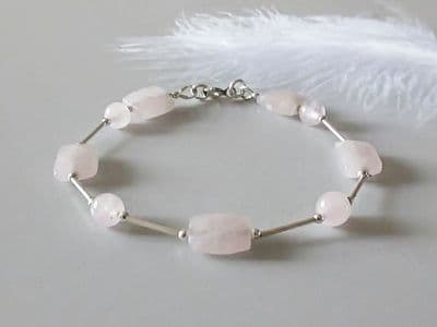 Faceted Rose Quartz Oblong Beads Bracelet With Sterling Silver Tubes