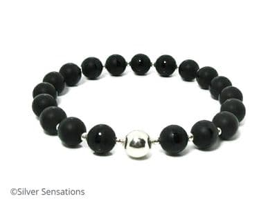 Frosted Black Onyx Stripe Beads & Sterling Silver Beaded Bracelet