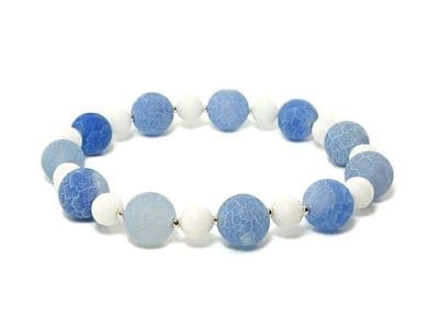 Frosted Blue Cracked Agate Bracelet With White Agate & Sterling Silver