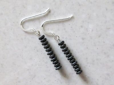 Frosted Hematite Discs Sterling Silver Slim Dangly Earrings