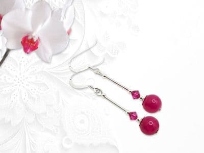 Fuchsia Pink Jade Earrings With Premium Crystals & Sterling Silver