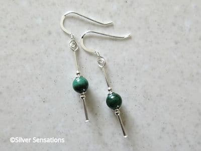 Genuine Green Malachite Bead Earrings With Sterling Silver Tubes