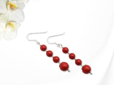 Glossy Red Pearls & Sterling Silver Long Earrings