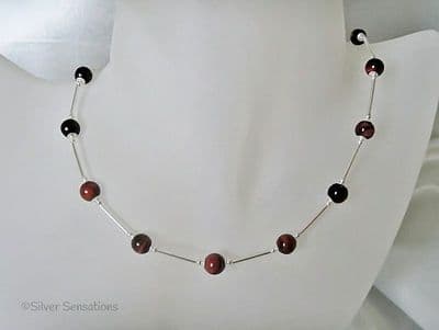Glowing Red Tiger's Eye & Sterling Silver Tubes Necklace