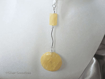 Golden Honey Yellow Jade Coin & Tube Sterling Silver Curved Bar Pendant