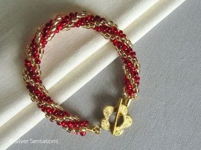 Golden & Ruby Red Stripey Kumihimo Seed Bead Fashion Bracelet