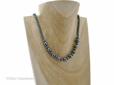 Graduated Hematite Beaded Sterling Silver Necklace