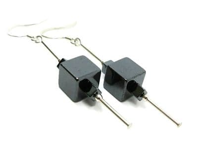 Graduated Hematite Square Cubes & Sterling Silver Drop Earrings
