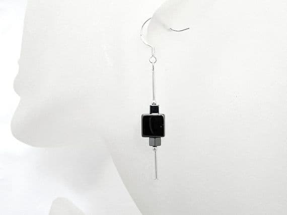Gun Metal Hematite Cube Earrings | 49mm Handmade Sterling Silver Jewellery